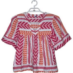 OLD‎ NAVY Pink Orange V Neck Swing Peasant Blouse 100% Cotton Boho Aztec Sz L